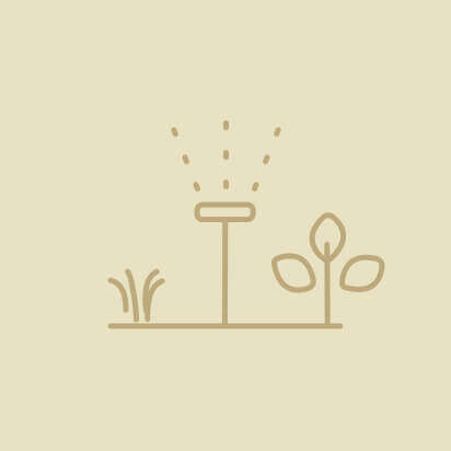 Symbol einer Gartenbewässerung mit einem Sprinkler und Pflanzen im Hintergrund.